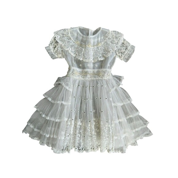 Vintage Toddler Child Dress Lace Sheer Ruffled Floral Beaded No Size Handmade